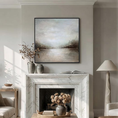 Framed Abstract Lake Landscape Wall Art, Modern Neutral Canvas Prints Artwork - Image 4