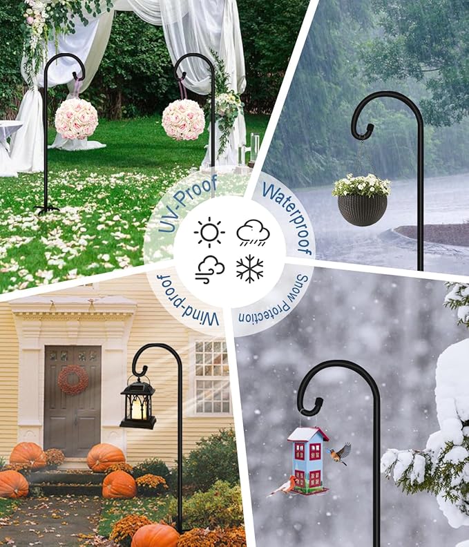 108 inch Outdoor Shepherd Hook with 7 Prong Base (1 Pack), Adjustable Heavy Duty Garden Hanging Stake for Bird Feeder Solar Light Plant Hanger Wedding Decor, Matte Black