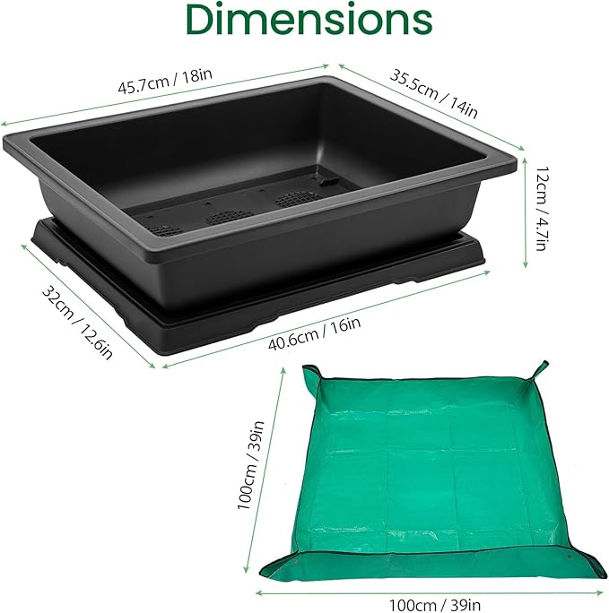 GROWNEER Bonsai Training Pots 3Pcs 18 Inch Large Bonsai Tree Starter Kits with Drainage Humidity Trays and 1 Repotting Mat, Growing Flower Planter Set for Garden Indoor Outdoor