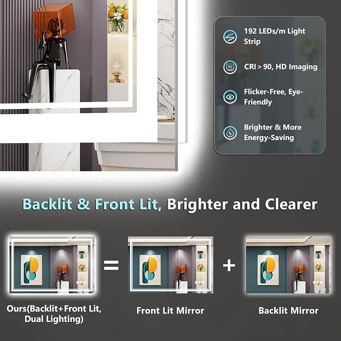 48x40 LED Bathroom Mirror with Lights, Backlit and Front Lit Anti-Fog Lighted - Image 3