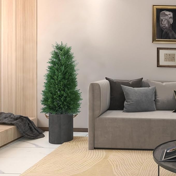 3FT Artificial Cedar Topiary Ball Trees with Ground Spike, 2 Pack UV Resistant Artificial Shrubs, Fake Evergreen Artificial Plant Brush for Indoor Outdoor Front Porch Garden