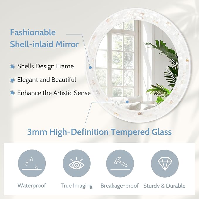 Tanmicoshomy 36 Inch Large Round Mirror, Natural Shell Inlay Framed Large - Image 2