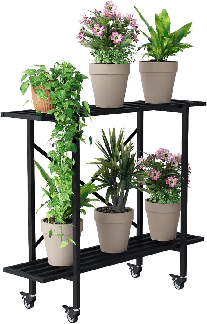 Zhongma 2 Tier Metal Sturdy Narrow Plant Stand with Wheels, Plant Stand Indoor and Outdoor, L35.43 x W10.3 x H29.9 inch, 440 LBS Capacity & Heavy Duty Construction.