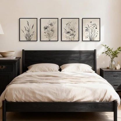 Framed Boho Vintage Botanical Wall Art, 4 Piece Black and White Floral Canvas - Image 2