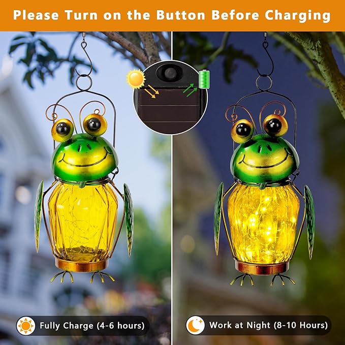 2 Pack Solar Lanterns Outdoor Waterproof Frog Hanging Solar Lantern, LED Glass Jar Outdoor Lanterns, Garden Lantern Lights for Yard Tree Table Xmas Metal Decoration