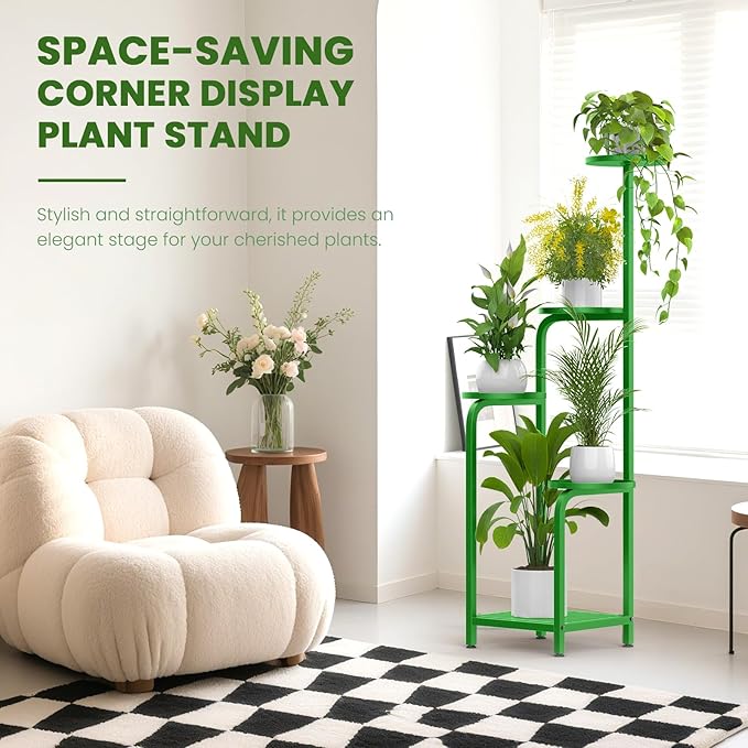 TOSKING 5 Tier Tall Plant Stand Indoor Outdoor, Heavy Duty Corner Shelf for Plants & Decor, Space Saving 3.9FT Metal Flower Pot Stand for Balcony, Garden, Living Room, Patio (Green)