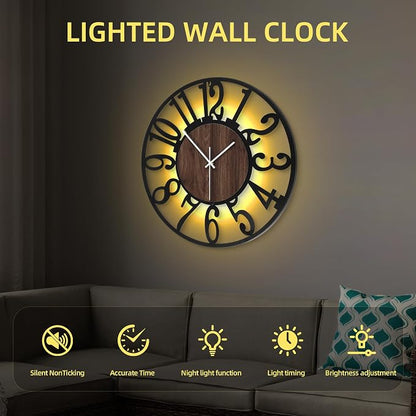 LEIKE Large Wall Clock 24'' Lighted Rustic Wood Clock - Image 4