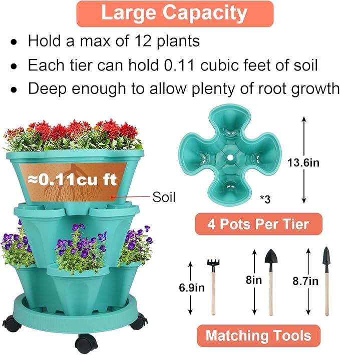 Vertical Planter 3 Tier Stackable Planters Garden Planters Strawberry Herb Flower and Vegetable Planter Indoor Outdoor Gardening Pots with Removable Wheels and Tools