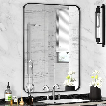 Black Framed Bathroom Mirror for Wall, Matte Black Rounded Corner Rectangle by Minuover