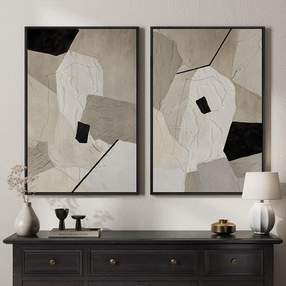 Framed Neutral Beige and Black Abstract Wall Art by MXART