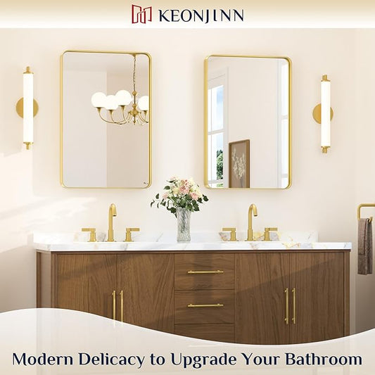 Keonjinn Gold Bathroom Mirrors for Wall 20 x 30 Inch Rounded Rectangle Gold - Image 2