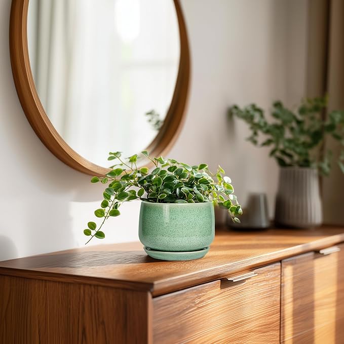 G EPGardening Ceramic Plant Pot - 4 inch Plant Pots with Drainage Hole & Saucer, Small Pots for Plant Indoor Outdoor, Modern Round Planter, Decorative Flower Pot, Room Decor, House Warming Gift, Green