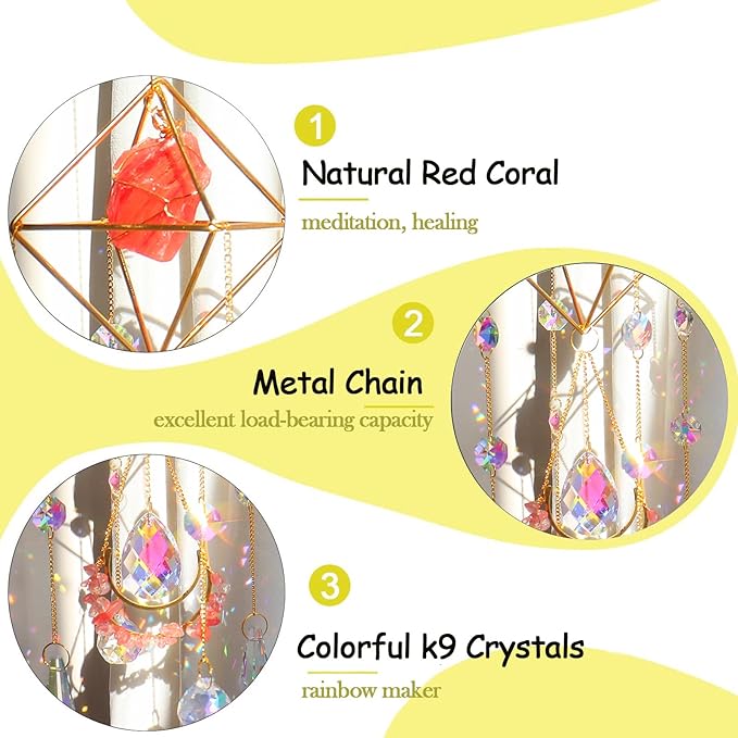 Healing Crystal Suncatchers Hanging Wind Chime Style Garden Suncatcher Rainbow Maker Gold Plated Sun Catcher Decor for Home Indoor Outdoor Gift (RED)