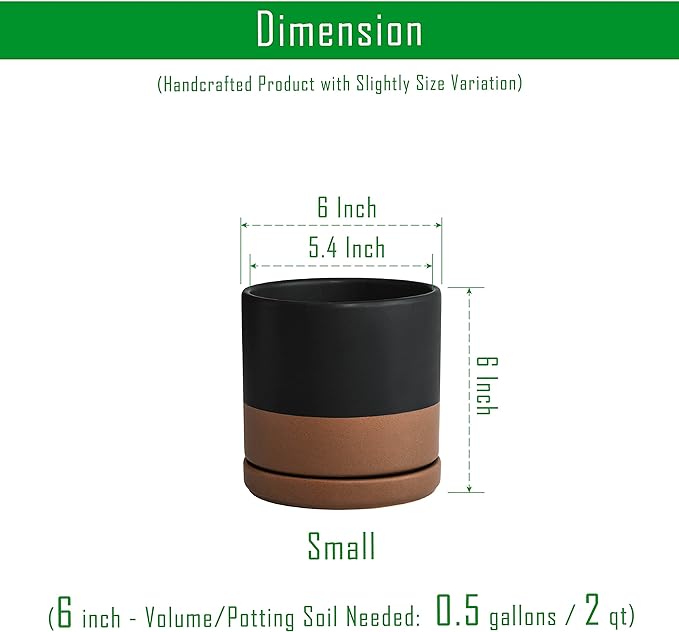 D'vine Dev 6 Inch Ceramic Planter Pot with Drainage Hole and Saucer, Indoor Cylinder Round Planter Pot, Black/Speckled Tan, 94-O-C-7