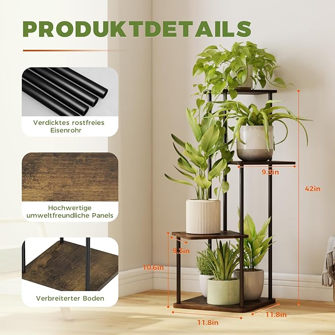 Bamworld Small Plant Stand Indoor, 4 Tier Metal Plant Shelf for Multiple Plants, Corner Flower Stand for Patio Garden Balcony Living Room Bedroom(Brown)