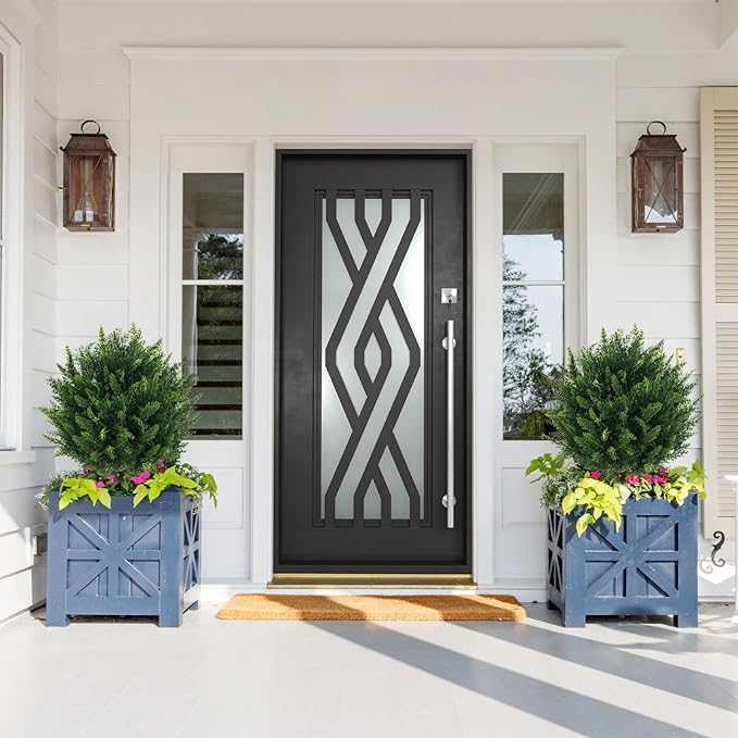 21" Artificial Cypress Topiary Outdoor Plants with Spike, 4 Pack Faux Cedar Bushes UV Resistant Fake Shrubs for Front Porch Décor