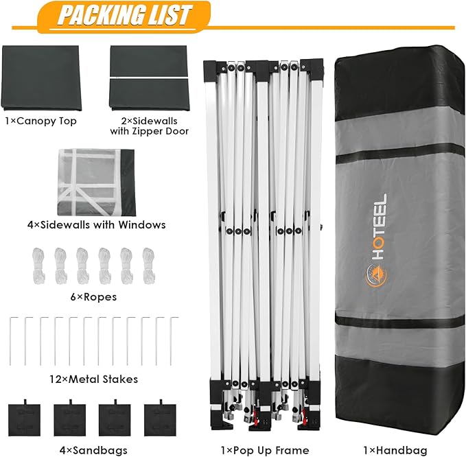 HOTEEL 10x20 Pop up Canopy with 6 Sidewalls, One Push Instant Setup Outdoor Canopy Tent with Reinforce Rod, Weight Bag, for Parties, Events, Gray