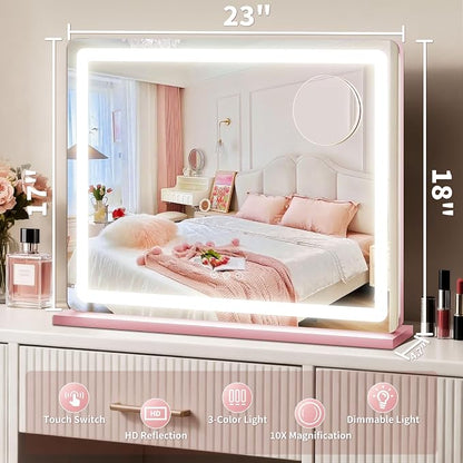 ROLOVE Pink Makeup Mirror with Lights, 23x18 Inch - Image 3