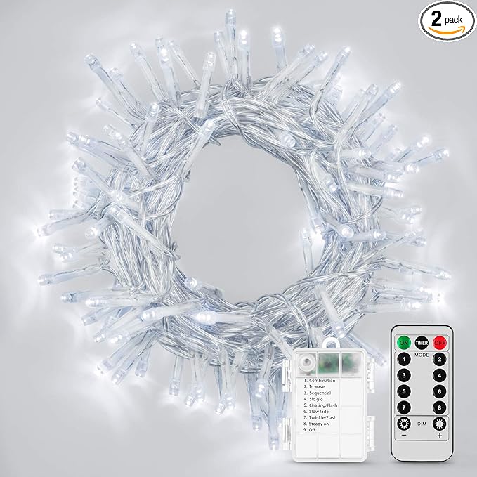 2 Pack 36ft 100 LED Battery Operated String Lights with Remote Timer Waterproof 8 Modes String Lights for Bedroom, Garden, Easter, Party, Christmas Indoor and Outdoor Decorations -Cool White