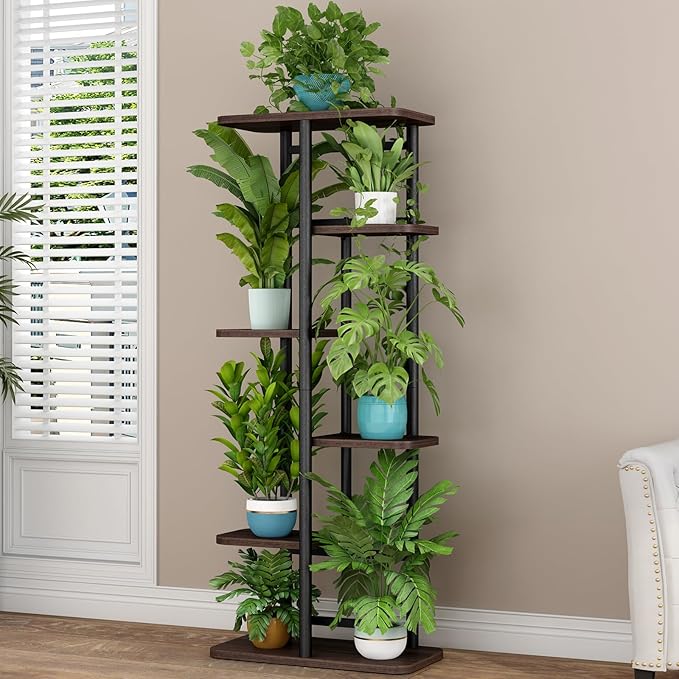 LINZINAR Plant Stand 6 Tier 7 Potted Indoor Plant Shelf Multiple Stands for Garden Corner Balcony Living Room