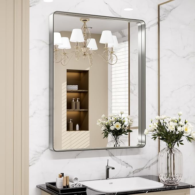 LOAAO 24X32 Inch Brushed Nickel Bathroom Mirror, Rounded Rectangle Silver Metal by LOAAO