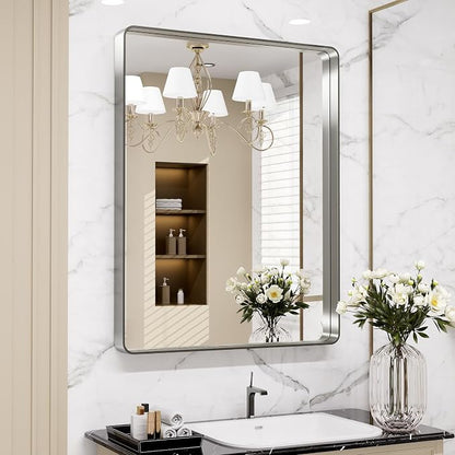LOAAO 24X32 Inch Brushed Nickel Bathroom Mirror, Rounded Rectangle Silver Metal by LOAAO