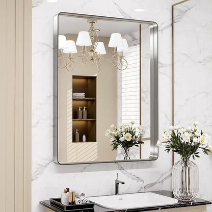 LOAAO 24X30 Inch Brushed Nickel Bathroom Mirror, Rounded Rectangle Silver Metal by LOAAO