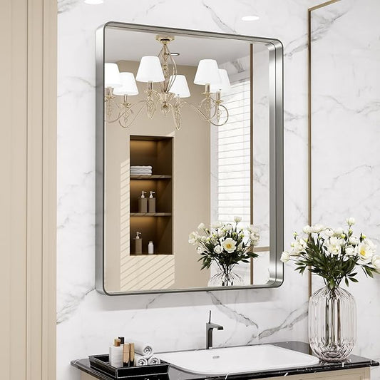 LOAAO 24X30 Inch Brushed Nickel Bathroom Mirror, Rounded Rectangle Silver Metal by LOAAO