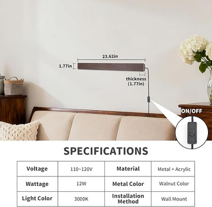 Farmhouse Plug in Wall Sconces, 23.6 inch Faux Walnut Finish LED Long Wall - Image 3