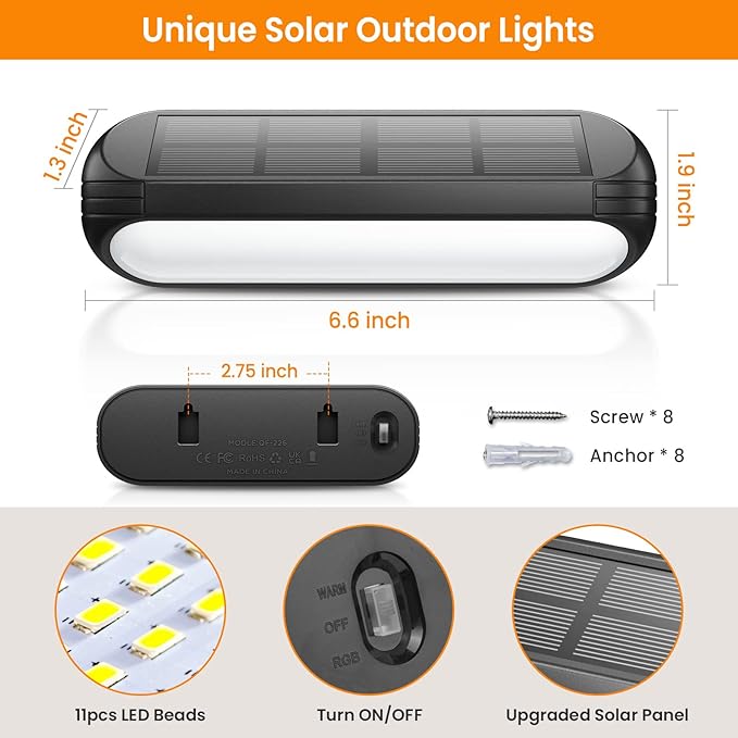 Solar Outdoor Lights for Deck 4 Pack, Upgraded RGB Solar Fence Lights with Color Changing & Warm White Mode, Waterproof LED Solar Powered Light for Yard, Wall, Stairs, Pool and Step Decor