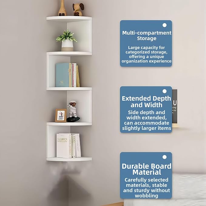 No-Drill Modern Corner Shelf Wall Mount, 5-Tier Floating Storage Rack, Corner - Image 7