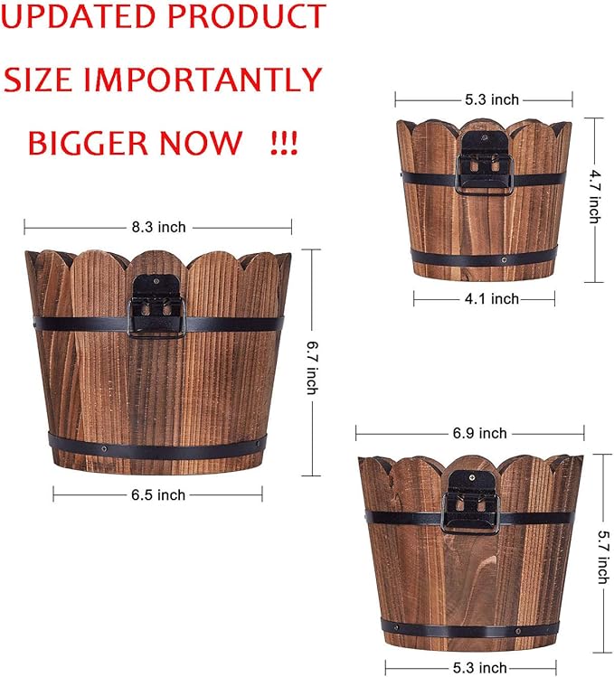 Wooden Bucket Barrel Planters, Small Flower Pot with Drainage Holes for Indoor Plants Home Décor, Set of 3