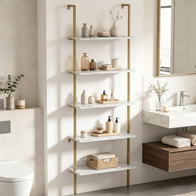 aboxoo Ladder Shelf 2PCS White Marble Bookshelf 5-Tier Wall-Mounted Wood Rack - Image 5
