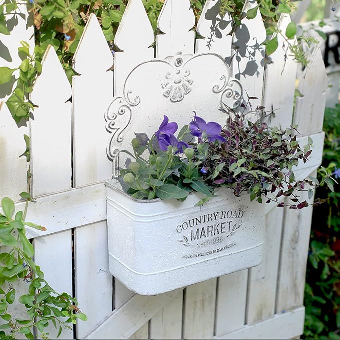 All Chic Metal Wall Planter Wall Mount Planter Wall Vases for Flowers Shabby Chic Wall Decor for Rustic Farmhouse Wall Outdoor Decor (White)…