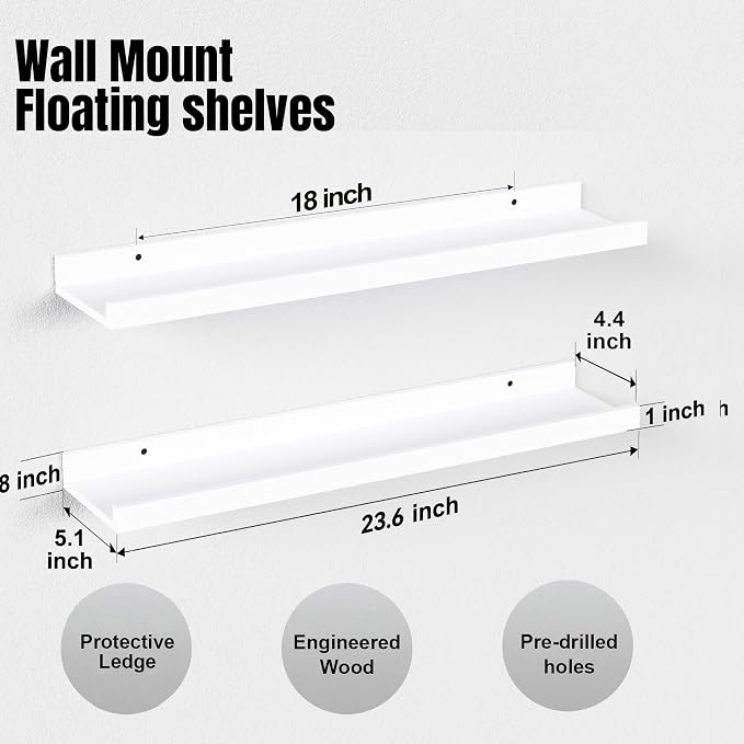 Boswillon 23.6 Inches Long Floating Shelves, 2 Set Modern White Wall Shelf - Image 3