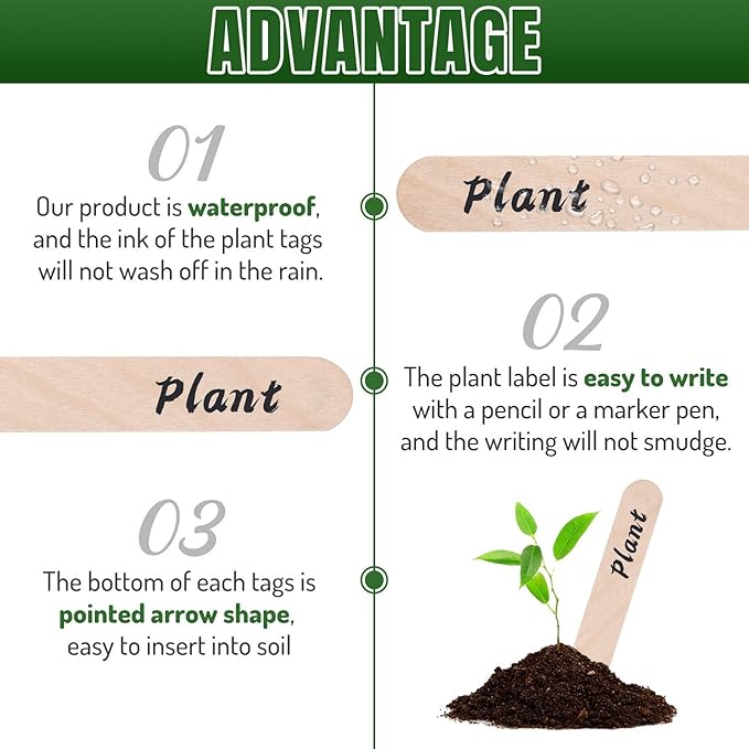 Whaline 200Pcs Wooden Plant Labels Waterproof Round Head Plant Sign Tags Birch Wood Plant Label Eco-Friendly Garden Markers for Seed Potted Herbs Flowers Vegetables with 2 Gel Pen, 15 X 1.7 CM
