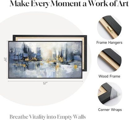 Framed Blue Abstract Wall Art for Living Room, Extra Large Modern Cityscape - Image 5