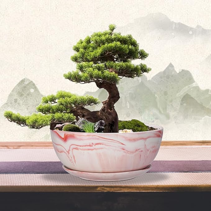 G EPGardening Large Ceramic Succulent Planter Pot with Drainage Hole and Saucer Large Marble Flower Pot for Plants Round Bonsai Planter Pot Indoor Outdoor Pink