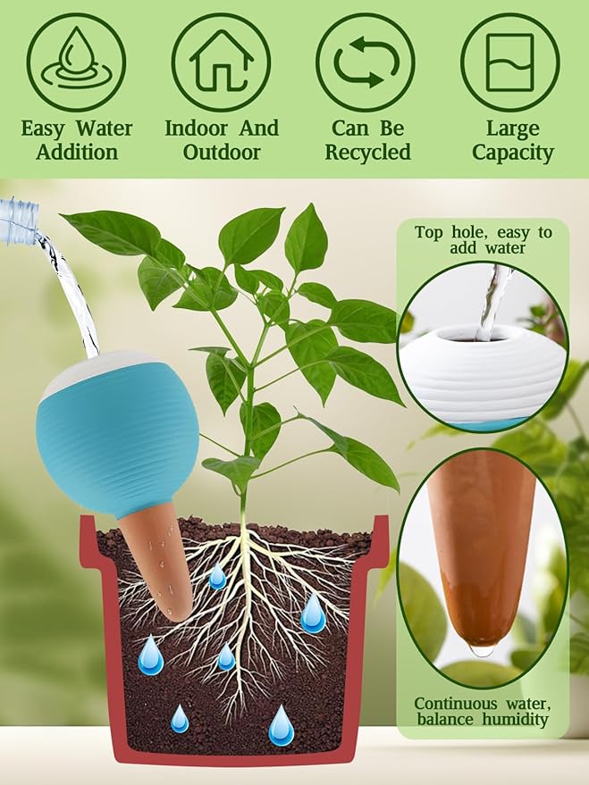 Kalolary 8Pcs Plant Watering Globes, Large Terracotta Automatic Watering Stake Devices with Wooden Stopper for Pots, Planters, Indoor, Outdoor