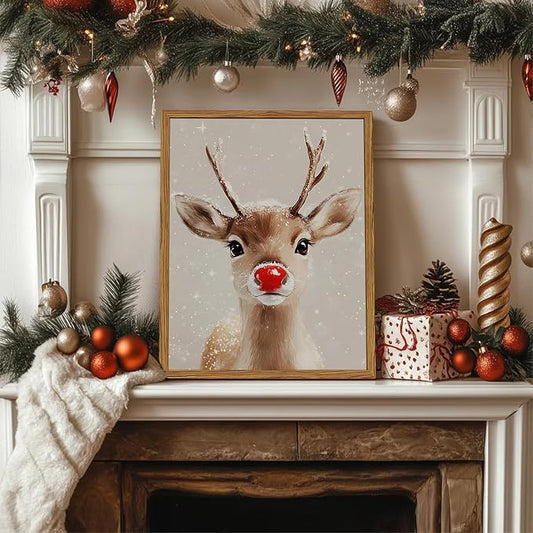 Framed Christmas Wall Art, Vintage Red Nose Reindeer Canvas Wall Decor Paintings - Image 2