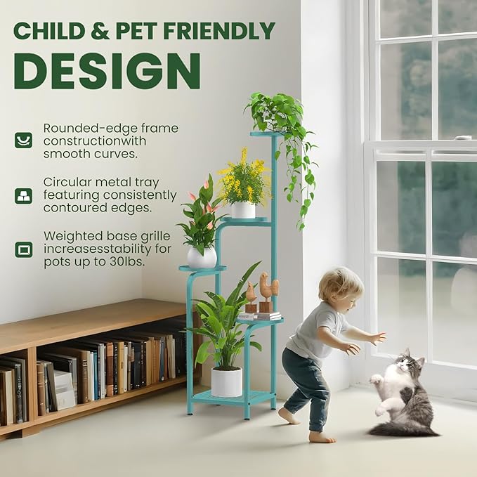 TOSKING 5 Tier Tall Plant Stand Indoor Outdoor, Heavy Duty Corner Shelf for Plants & Decor, Space Saving 3.9FT Metal Flower Pot Stand for Balcony, Garden, Living Room, Patio (Blue, 47in)