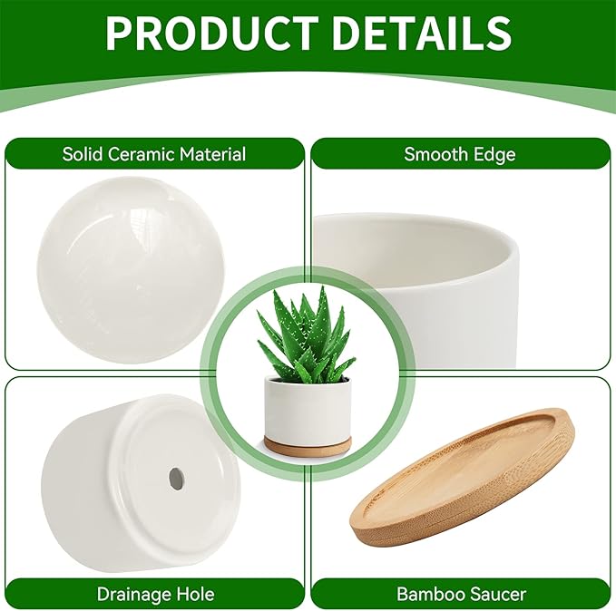 ZOUTOG Succulent Pots, White Mini 3.15 inch Ceramic Flower Planter Pot with Bamboo Tray, Pack of 6 - Plants Not Included