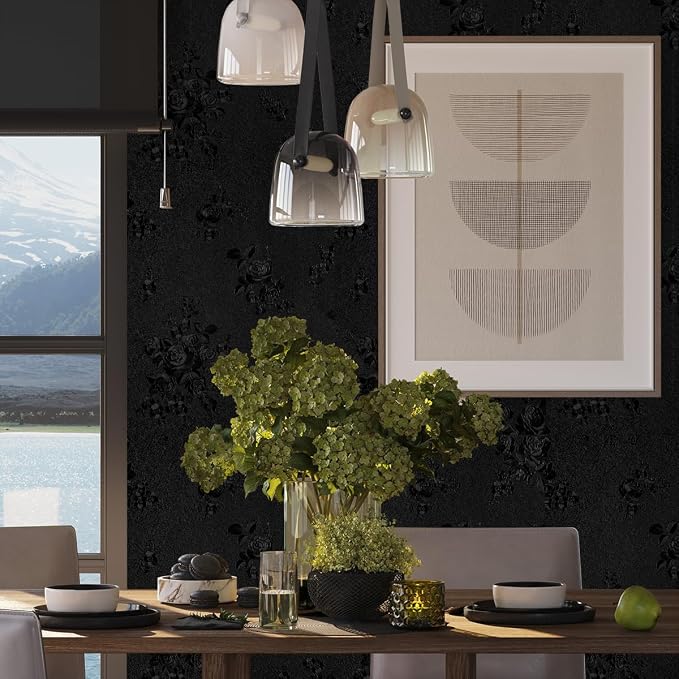 Black Peel and Stick Wallpaper Floral Black Wallpaper 17.7inch x 196.8inch - Image 4
