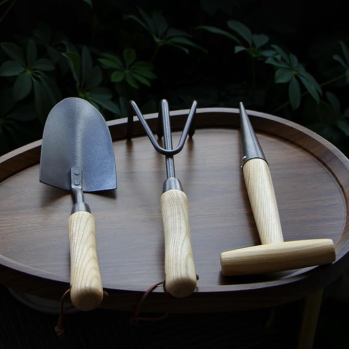 Japanese Gardening Tools Set, 3 Pcs Garden Tools Set, Nickel Plated Stainless Steel Heavy Duty Gardening Tools Kit, Hand Trowel, Dibble and Hand Rake