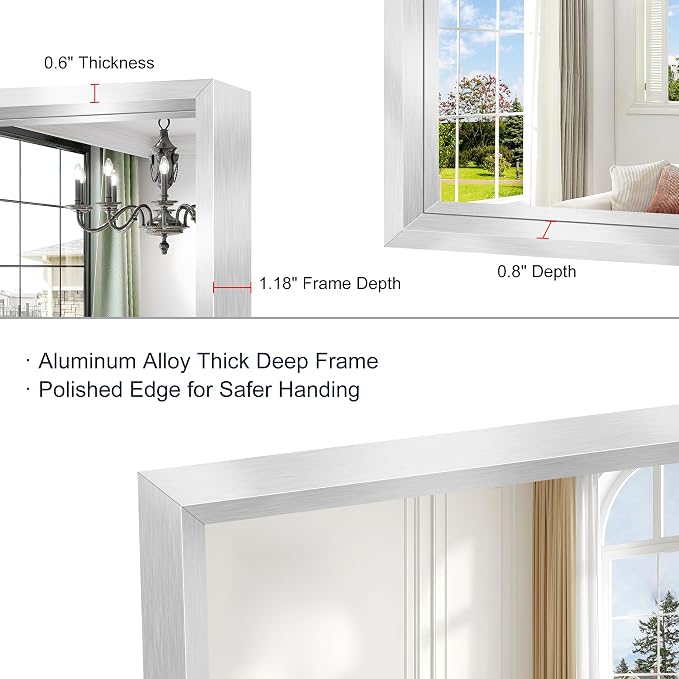 40x24 Silver Bathroom Mirror, Brushed Silver Rectangular Mirror - Image 5