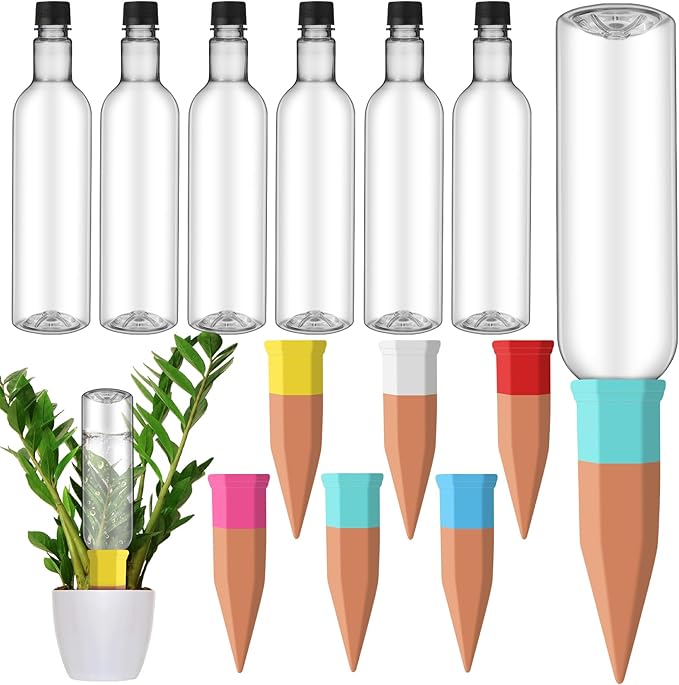 6 Sets Plant Watering Devices Include Terracotta Self Watering Spikes and 26 oz Plastic Bottles, Slow Release Vacation Insert Automatic Plant Waterer Device (Clear and Mixed Color)
