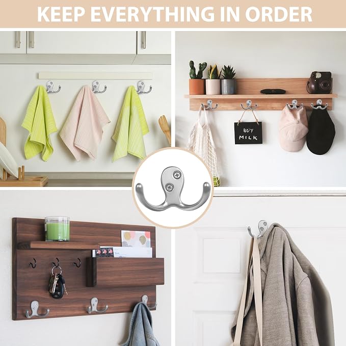 Homanu 14 Pack Coat Hooks, Heavy Duty Double Prong Coat Hooks Wall Mounted - Image 2