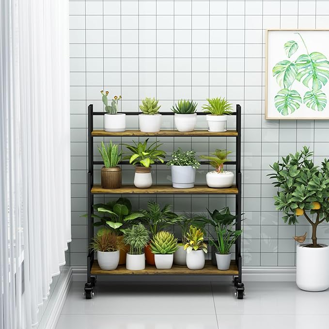 YIZAJIA Plant Stand Indoor 3 Tier Metal Board Outdoor Tiered Stands Shelf With wheel for Multiple Plants Potted Ladder Plant Holder Table Plant Pot Stand for Window Garden Balcony Living Room (3