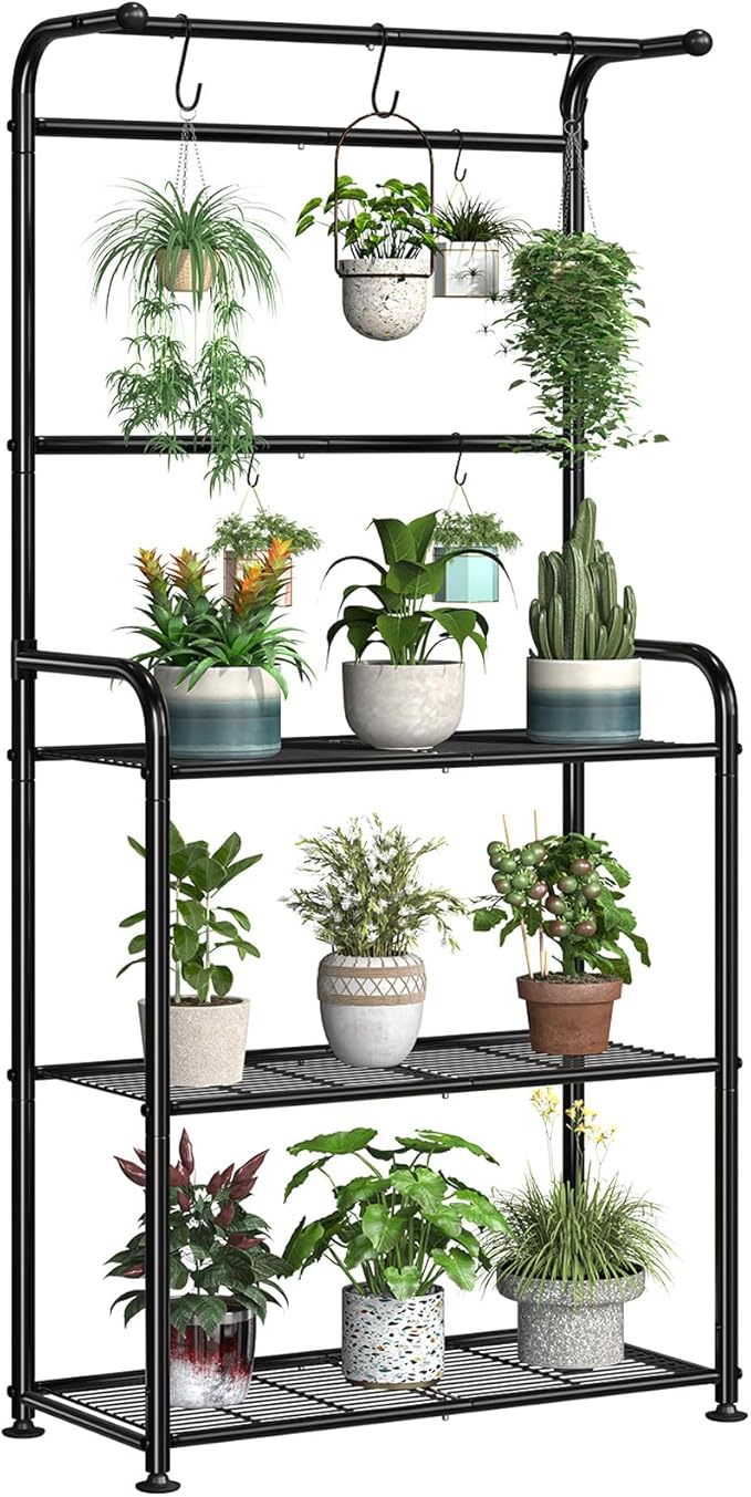 Plant Stand Indoor Outdoor, Heavy Duty Metal 3 Tiered Tall Hanging Plant Shelf for Multiple Flower Planter Holder 67" Large Rack for Living Room Garden Balcony, Black