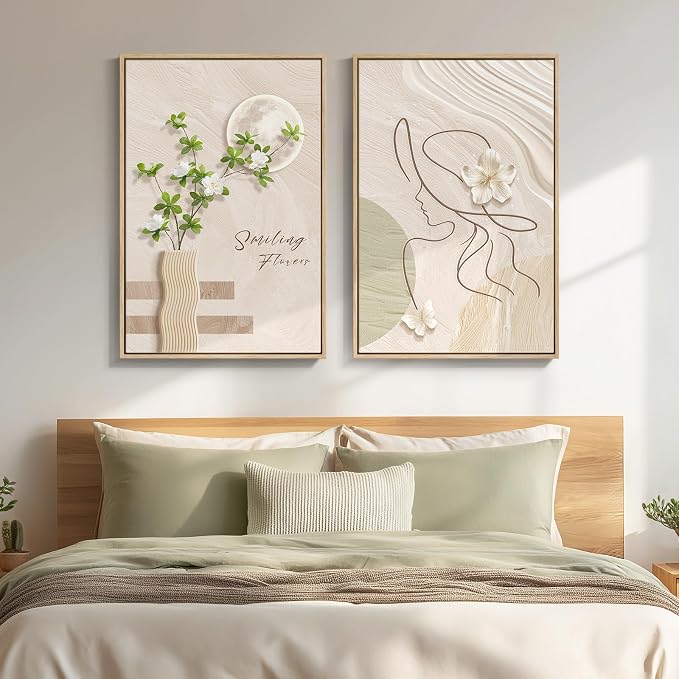 Framed Neutral Boho Wall Art for Bedroom, Mid Century Modern Bohemian Canvas by Cuspin